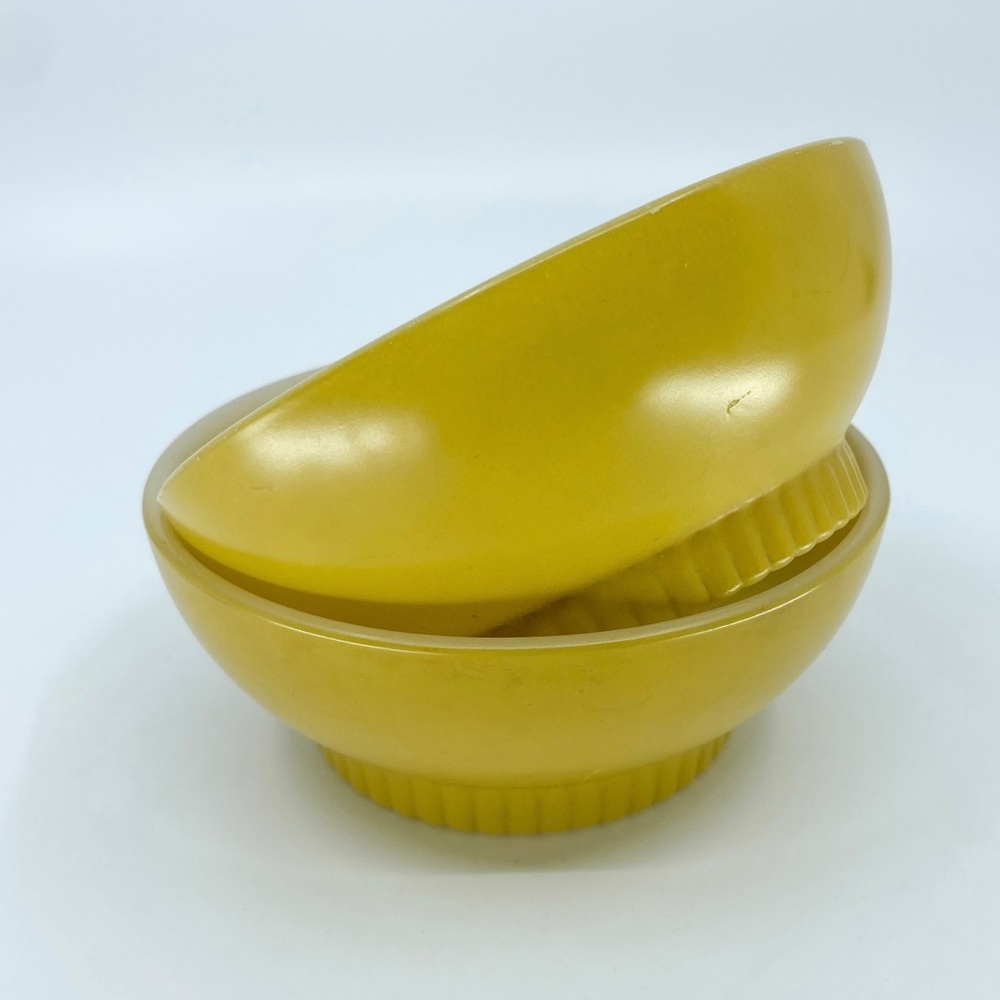 Pair Fire King Mustard Yellow Ribbed Bottom Bowls • Anchor Hocking USA
